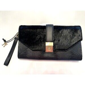 BCBG Wristlet Womens Black Clutch Leather Style Emeline Key Slide Lock Gold NEW